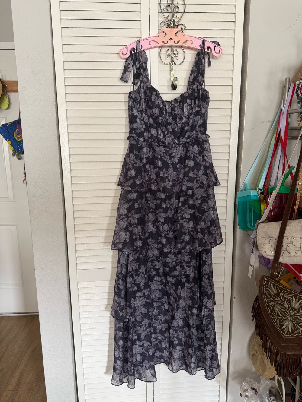 Astr Floral Tiered Maxi Dress in Black and Gray